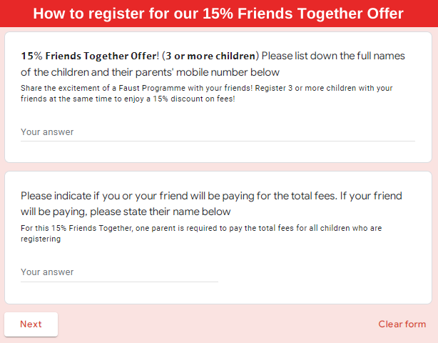 Preview of our Summer Programme registration form to enjoy the 15% Friends Together Offer