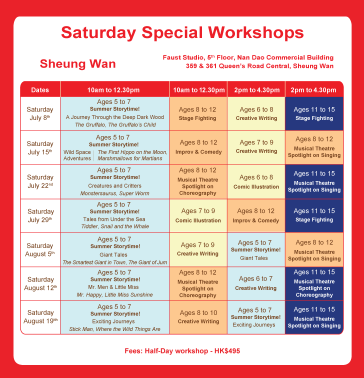 Faust’s Saturday Special Workshop schedule