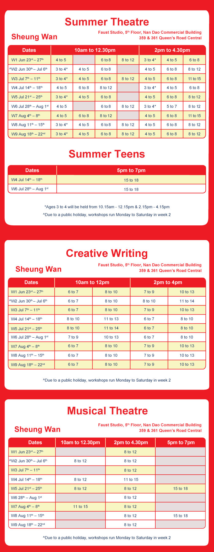 Faust’s Summer Programme schedule at the Faust Studios, Sheung Wan